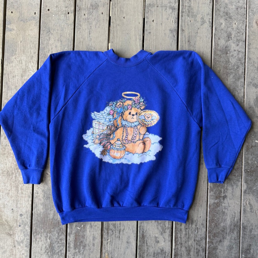 Vintage 90s Teddy Bear Angel Blue Sweatshirt Oversized 2X